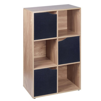 URBNLIVING Height 90.5cm 6 Cube Oak Wooden Bookcase with Black Doors Stylish Display Shelves Storage Unit
