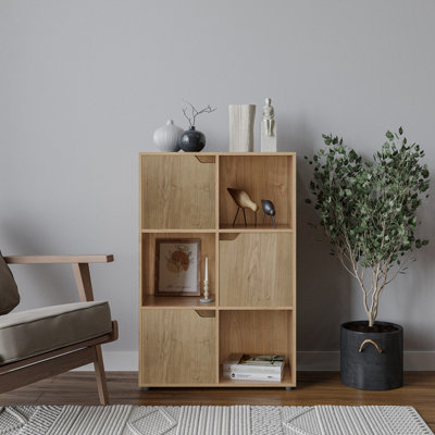 URBNLIVING Height 90.5cm 6 Cube Oak Wooden Bookcase with Doors Stylish Display Shelves Storage Unit