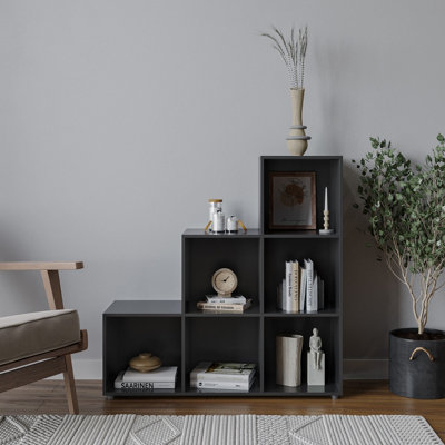 URBNLIVING Height 90.5cm 6 Cube Step Black Storage Bookcase Unit