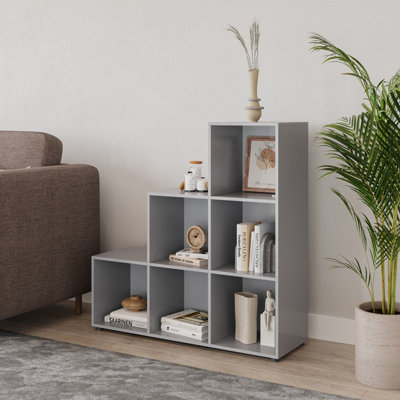 URBNLIVING Height 90.5cm 6 Cube Step Grey Storage Bookcase Unit