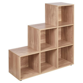 URBNLIVING Height 90.5cm 6 Cube Step Oak Storage Bookcase Unit Home Office Organizer Display Shelf Box
