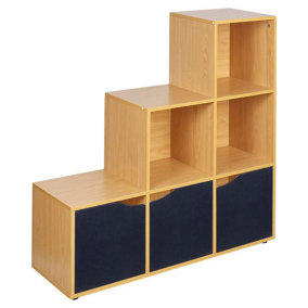 URBNLIVING Height 90.5cm 6 Cube Step Storage Beech Bookcase and Black Doors for Home Office Organizer Display Shelf Unit
