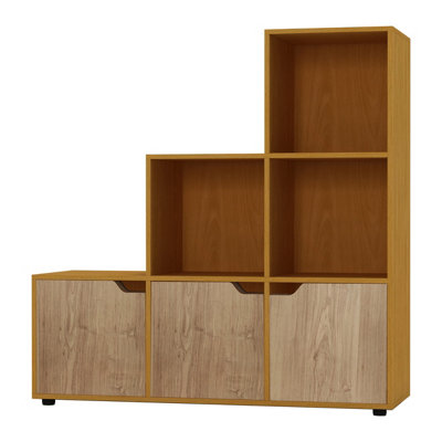 URBNLIVING Height 90.5cm 6 Cube Step Storage Beech Bookcase and Oak Doors for Home Office Organizer Display Shelf Unit