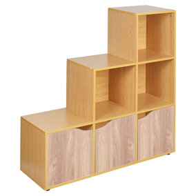 URBNLIVING Height 90.5cm 6 Cube Step Storage Beech Bookcase and Oak Doors for Home Office Organizer Display Shelf Unit