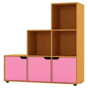 URBNLIVING Height 90.5cm 6 Cube Step Storage Beech Bookcase and Pink Doors for Home Office Organizer Display Shelf Unit