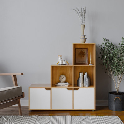URBNLIVING Height 90.5cm 6 Cube Step Storage Beech Bookcase and White Doors for Home Office Organizer Display Shelf Unit