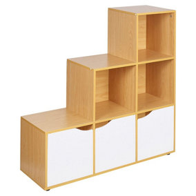 URBNLIVING Height 90.5cm 6 Cube Step Storage Beech Bookcase and White Doors for Home Office Organizer Display Shelf Unit