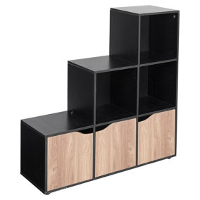 URBNLIVING Height 90.5cm 6 Cube Step Storage Black Bookcase and Oak Doors for Home Office Organizer Display Shelf Unit