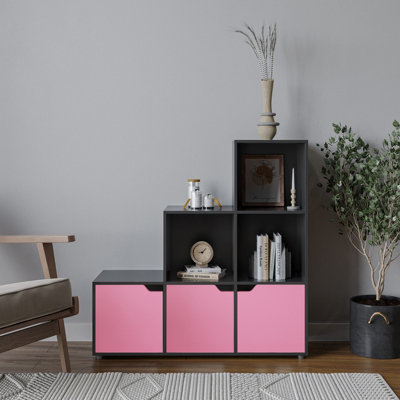 URBNLIVING Height 90.5cm 6 Cube Step Storage Black Bookcase and Pink Doors for Home Office Organizer Display Shelf Unit