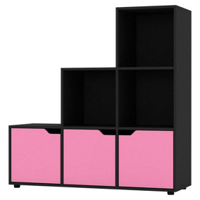 URBNLIVING Height 90.5cm 6 Cube Step Storage Black Bookcase and Pink Doors for Home Office Organizer Display Shelf Unit