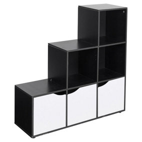 URBNLIVING Height 90.5cm 6 Cube Step Storage Black Bookcase and White Doors for Home Office Organizer Display Shelf Unit