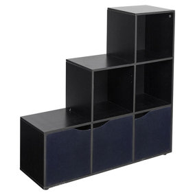 URBNLIVING Height 90.5cm 6 Cube Step Storage Black Bookcase with Doors for Home Office Organizer Display Shelf Unit