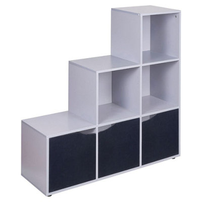 URBNLIVING Height 90.5cm 6 Cube Step Storage Grey Bookcase and Black Doors for Home Office Organizer Display Shelf Unit