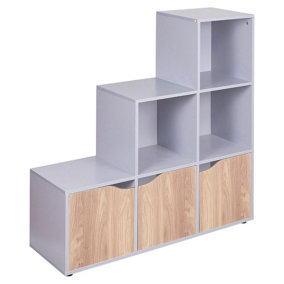 URBNLIVING Height 90.5cm 6 Cube Step Storage Grey Bookcase and Oak Doors for Home Office Organizer Display Shelf Unit