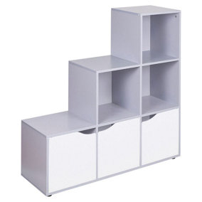 URBNLIVING Height 90.5cm 6 Cube Step Storage Grey Bookcase and White Doors for Home Office Organizer Display Shelf Unit