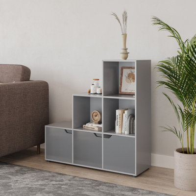 URBNLIVING Height 90.5cm 6 Cube Step Storage Grey Bookcase with Doors for Home Office Organizer Display Shelf Unit