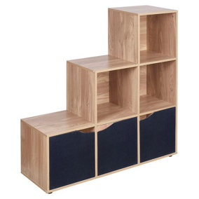 URBNLIVING Height 90.5cm 6 Cube Step Storage Oak Bookcase and Black Doors for Home Office Organizer Display Shelf Unit