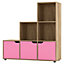URBNLIVING Height 90.5cm 6 Cube Step Storage Oak Bookcase and Pink Doors for Home Office Organizer Display Shelf Unit