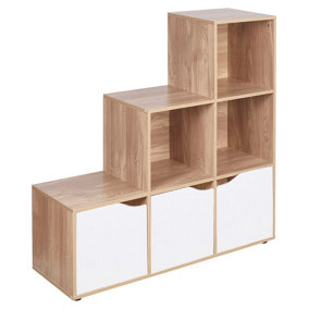 URBNLIVING Height 90.5cm 6 Cube Step Storage Oak Bookcase and White Doors for Home Office Organizer Display Shelf Unit