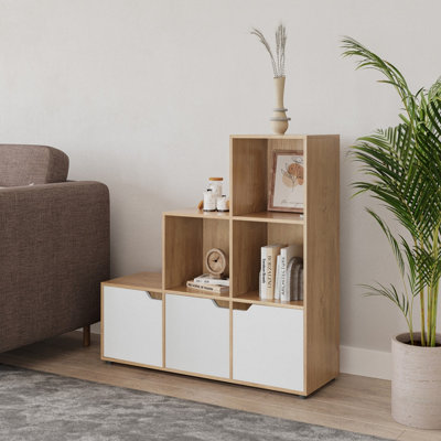 URBNLIVING Height 90.5cm 6 Cube Step Storage Oak Bookcase and White Doors for Home Office Organizer Display Shelf Unit