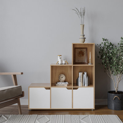 URBNLIVING Height 90.5cm 6 Cube Step Storage Oak Bookcase and White Doors for Home Office Organizer Display Shelf Unit - 3