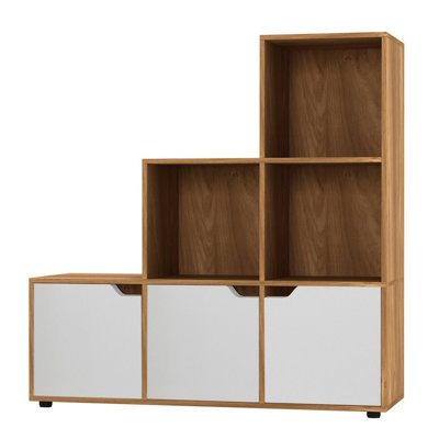 URBNLIVING Height 90.5cm 6 Cube Step Storage Oak Bookcase and White Doors for Home Office Organizer Display Shelf Unit - 4