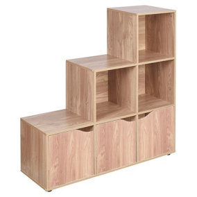 URBNLIVING Height 90.5cm 6 Cube Step Storage Oak Bookcase with Doors for Home Office Organizer Display Shelf Unit