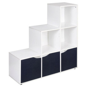 URBNLIVING Height 90.5cm 6 Cube Step Storage White Bookcase and Black Doors for Home Office Organizer Display Shelf Unit