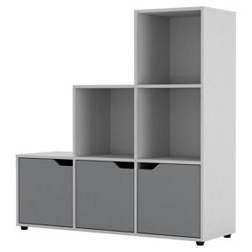 URBNLIVING Height 90.5cm 6 Cube Step Storage White Bookcase and Grey Doors for Home Office Organizer Display Shelf Unit