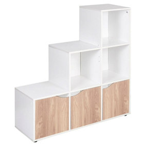 URBNLIVING Height 90.5cm 6 Cube Step Storage White Bookcase and Oak Doors for Home Office Organizer Display Shelf Unit