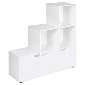 URBNLIVING Height 90.5cm 6 Cube Step Storage White Bookcase with Doors for Home Office Organizer Display Shelf Unit