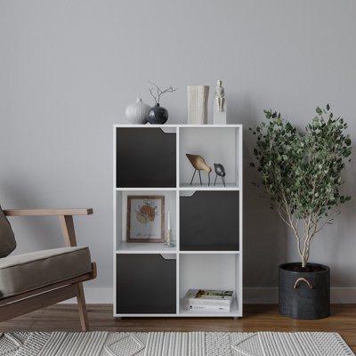 URBNLIVING Height 90.5cm 6 Cube White Wooden Bookcase with Black Doors Stylish Display Shelves Storage Unit