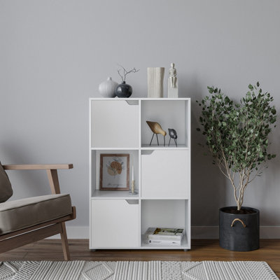 URBNLIVING Height 90.5cm 6 Cube White Wooden Bookcase with Doors Stylish Display Shelves Storage Unit