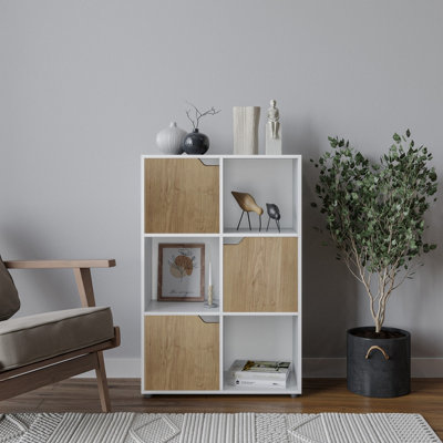 URBNLIVING Height 90.5cm 6 Cube White Wooden Bookcase with Oak Doors Stylish Display Shelves Storage Unit