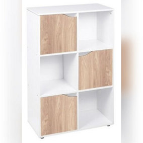 URBNLIVING Height 90.5cm 6 Cube White Wooden Bookcase with Oak Doors Stylish Display Shelves Storage Unit
