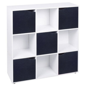 URBNLIVING Height 90.5cm 9 Cube White Wooden Bookcase with Black Doors Stylish Display Shelves Storage Unit