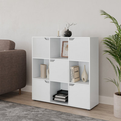 URBNLIVING Height 90.5cm 9 Cube White Wooden Bookcase with Doors Stylish Display Shelves Storage Unit