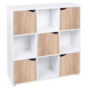 URBNLIVING Height 90.5cm 9 Cube White Wooden Bookcase with Oak Doors Stylish Display Shelves Storage Unit