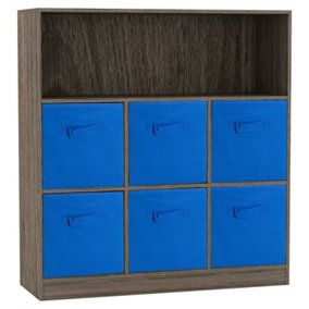 URBNLIVING Height 94cm Wooden Wide Anthracite Oak 7 Cube Bookcase with Dark Blue 6 Drawers Baskets Storage Unit Shelves