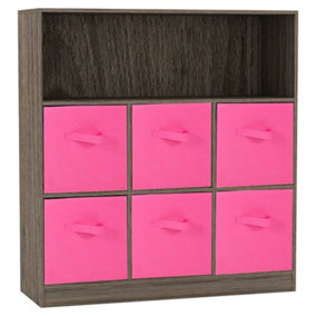 URBNLIVING Height 94cm Wooden Wide Anthracite Oak 7 Cube Bookcase with Dark Pink 6 Drawers Baskets Storage Unit Shelves