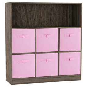URBNLIVING Height 94cm Wooden Wide Anthracite Oak 7 Cube Bookcase with Light Pink 6 Drawers Baskets Storage Unit Shelves