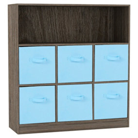 URBNLIVING Height 94cm Wooden Wide Anthracite Oak 7 Cube Bookcase with Sky Blue 6 Drawers Baskets Storage Unit Shelves