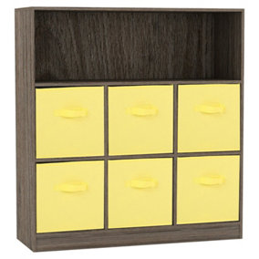 URBNLIVING Height 94cm Wooden Wide Anthracite Oak 7 Cube Bookcase with Yellow 6 Drawers Baskets Storage Unit Shelves