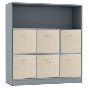 URBNLIVING Height 94cm Wooden Wide Grey 7 Cube Bookcase with Beige 6 Drawers Baskets Storage Unit Shelves