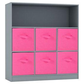 URBNLIVING Height 94cm Wooden Wide Grey 7 Cube Bookcase with Dark Pink 6 Drawers Baskets Storage Unit Shelves