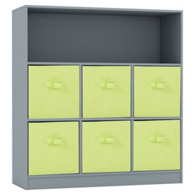 URBNLIVING Height 94cm Wooden Wide Grey 7 Cube Bookcase with Green 6 Drawers Baskets Storage Unit Shelves