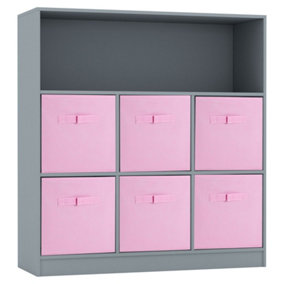 URBNLIVING Height 94cm Wooden Wide Grey 7 Cube Bookcase with Light Pink 6 Drawers Baskets Storage Unit Shelves