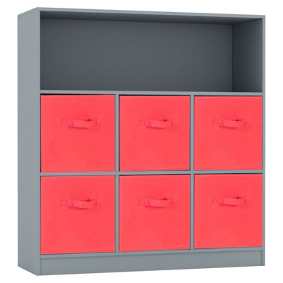 URBNLIVING Height 94cm Wooden Wide Grey 7 Cube Bookcase with Red 6 Drawers Baskets Storage Unit Shelves