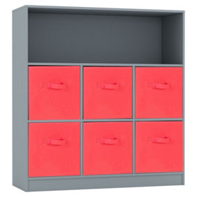 URBNLIVING Height 94cm Wooden Wide Grey 7 Cube Bookcase with Red 6 Drawers Baskets Storage Unit Shelves