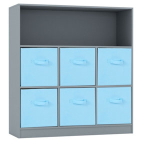 URBNLIVING Height 94cm Wooden Wide Grey 7 Cube Bookcase with Sky Blue 6 Drawers Baskets Storage Unit Shelves